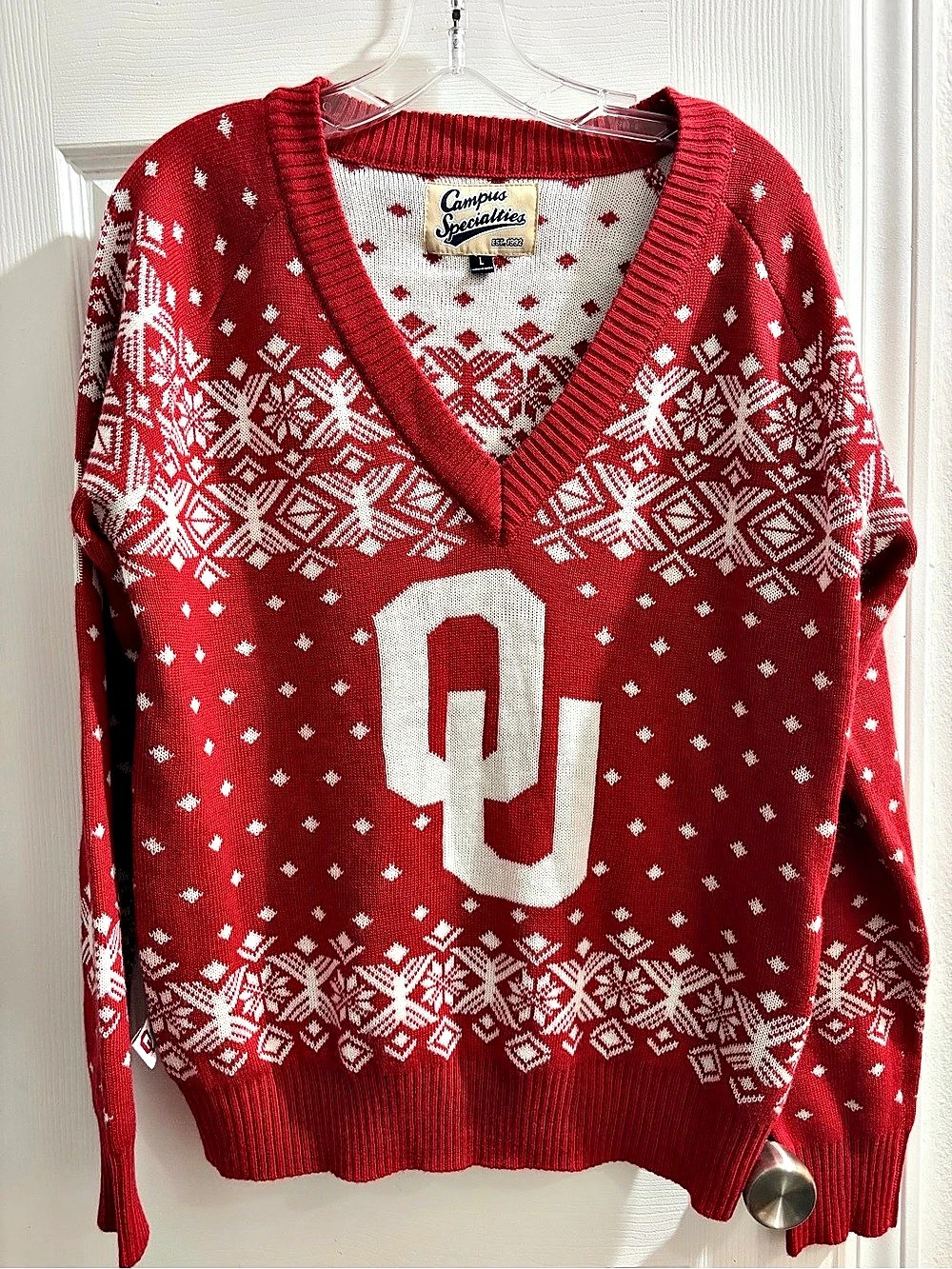 Campus Specialties Oklahoma Sooners Fair Isle V-Neck Sweater Red & White Large.